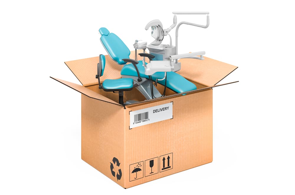 Dental,Chair,Unit,Inside,Cardboard,Box,,Delivery,Concept.,3d,Rendering